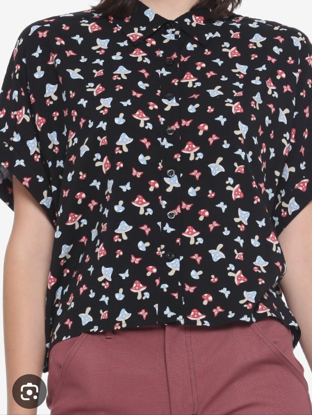 Hot Topic Black Mushroom & Butterfly Button-Down Shirt with Red and Blue Print S